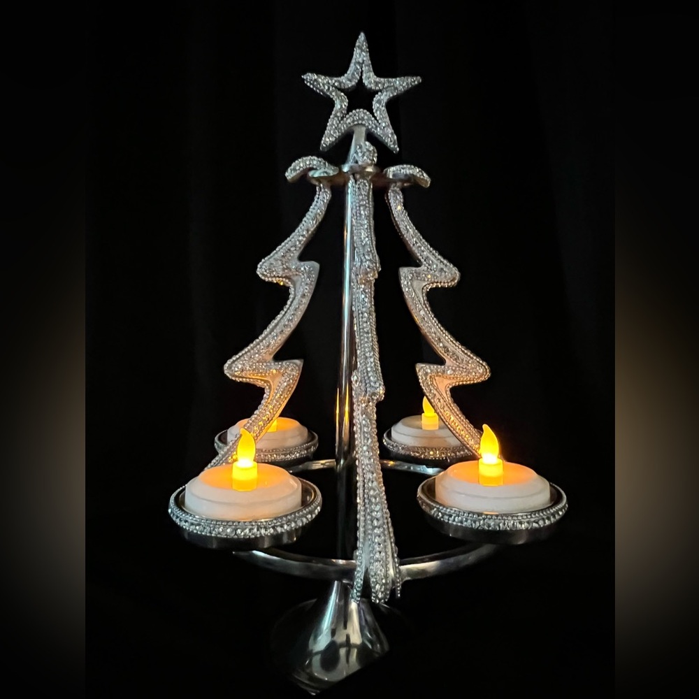 Silver and Rhinestone Holiday Tree Candle Holder